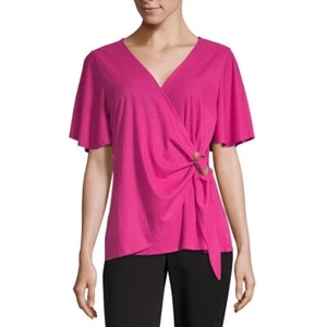 Worthington V Neck Short Sleeve Knit Blouse Size S New Brilliant Fuchsia - Picture 1 of 4