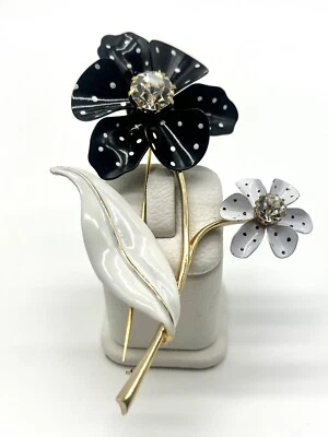 Avon CS Celia Sebiri брошь черный белый горошек цветы золотистый со стразами - Изображение 1 из 4