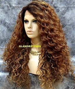 Human Hair Blend Lace Front Full Wig Long Spiral Curls Ombre Golden Brown Auburn