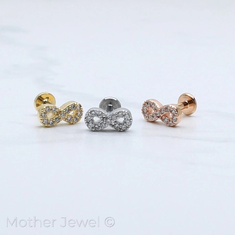 SIMULATED DIAMOND INFINITY SILVER 14K ROSE YELLOW GOLD IP 6MM CARTILAGE STUD - Image 1 of 4