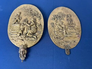 Antik Vintage Paar Hochrelief Französische Messing Bronze Wandteller Figur Dekor - Bild 1 von 9