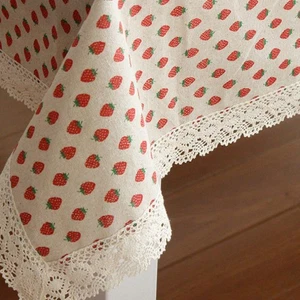 Red Strawberry Lace Rectangle Tablecloth Cotton Linen Table Cover for Kitchen... - Picture 1 of 7