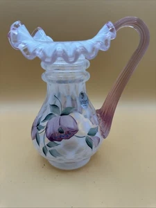 Fenton Pink Crest White Opalescent Diamond Optic Handpainted Pitcher Signed 6" - Picture 1 of 8