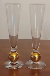 Beautiful ORREFORS Sweden Crystal NOBEL Gold Ball Stem CHAMPAGNE FLUTES Lot of 2 - Picture 1 of 2