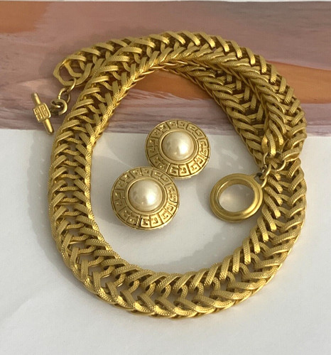 GIVENCHY Runway Vintage Collana Orecchini Set Massiccio Grosso Texture Tono Oro