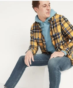 Old Navy built In Flex Flannel Button Up Mens S Regular Fit Yellow Plaid Outdoor - Picture 1 of 15