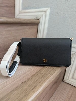 全新带标签 Tory Burch Emerson Saffiano 皮革迷你斜挎包手提包黑色 — 第 1/3 张图片