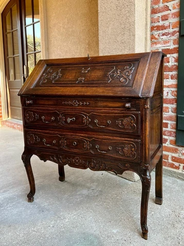 Antique French Carved Oak Secretary Desk Bureau Drop Front Louis XV Style Cover
