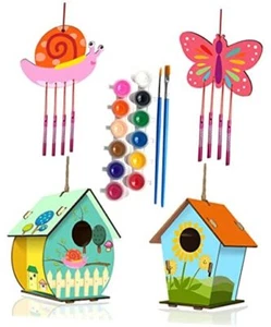 4 Pack DIY Bird House Wind Chime Kits for Children to Build and Paint, Wooden - Picture 1 of 7
