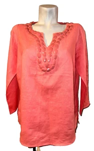 New TALBOTS Top Women Petite Size XP Coral Pink Embellished 3/4 Slv Linen Tunic - Picture 1 of 6