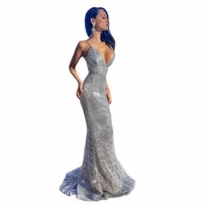 Gorgeous Sexy V Neck Sleeveless Silver Maxi Dress NEW - Picture 1 of 3
