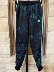 Adidas Girl’s Elastic Waist Warm Ups Joggers Black Floral White Stripes Size 14 - Picture 1 of 4