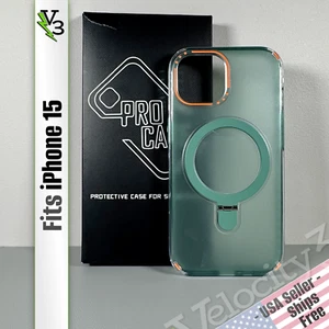 Case for iPhone 15 - Frosted Green w/ Orange Accents | Magnetic O-Ring Kickstand - Picture 1 of 18
