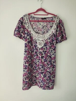 Evie Purple White Floral Summer Boho Short Tunic Dress Size 22 Casual Crochet - Image 1 of 4