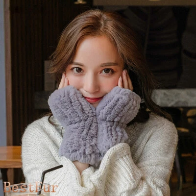Real Rabbit Fur Knitted Fingerless Elastic Gloves Sleeves Wrist Winter Mittens - Image 1 of 4