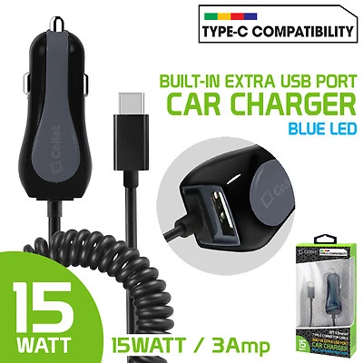 High Powered 3 Amp 15 Watt Type-C USB Car Charger with Extra USB Port for LG G6 - Image 1 of 4