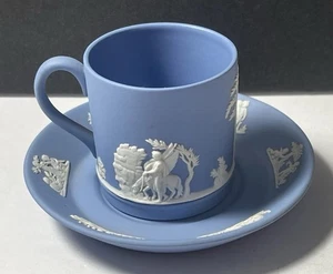 Vintage Wedgwood Demitasse Espresso Cup & Saucer Blue Jasperware Jasper Ware - Picture 1 of 14