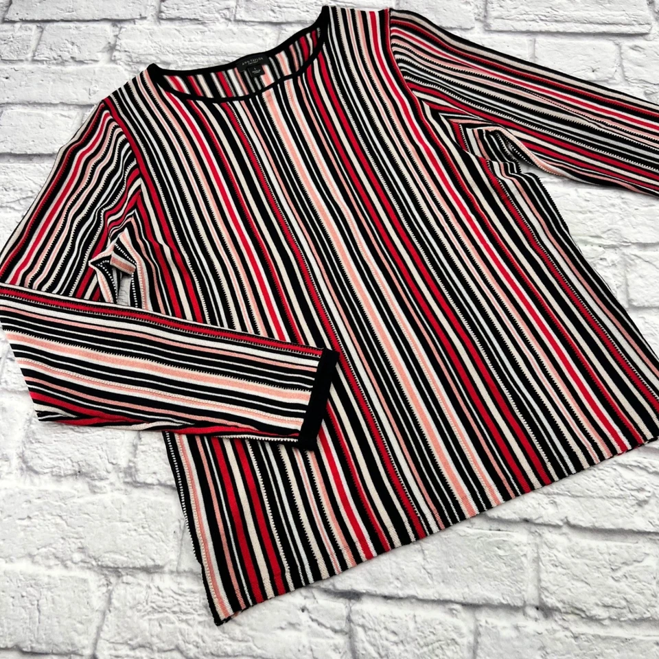 Suéter Ann Taylor Factory para mujer L rosa negro tejido a rayas manga larga Foto 1 de 4