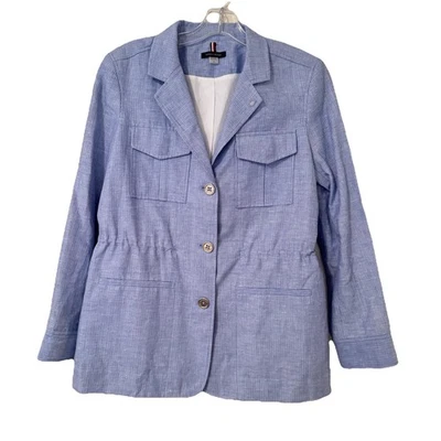 TOMMY HILFIGER Blazer Mujer 8 Mezcla de Lino Chaqueta Azul Claro Rayas Preppy Foto 1 de 4