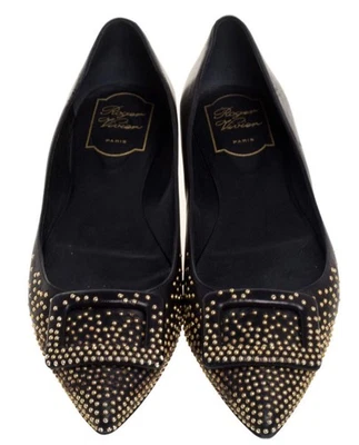 Roger Vivier Black Studded Leather Gommettine Ballet Flats Size 38 - Image 1 of 4
