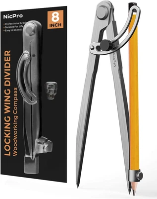 8 Inch Compass for Woodworking with Wing and Pencil Holder, Ideal for Geometry,  - Image 1 of 4