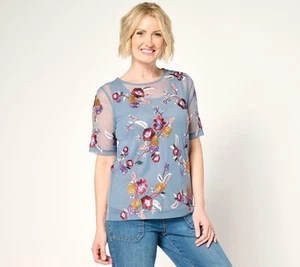 LOGO by Lori Goldstein aufwendig besticktes Netz Top mit Strick Tank Shirt Cove Blau - Bild 1 von 1