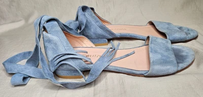 Stuart Weitzman Sandals Flats Womens 7.5 Blue Suede Strappy Lace Up Ankle Calf - Image 1 of 4