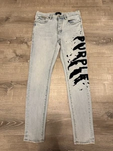 Lila Marke beflockt bemalt Wortmarke Herren Größe 32 Skinny Jeans Denim - Bild 1 von 12