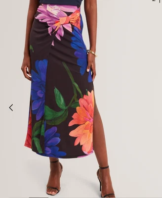 TED BAKER Midi Skirt Womens TB 2 UK 10 Varnia Black Floral Asymmetric Jersey NEW - Image 1 of 4