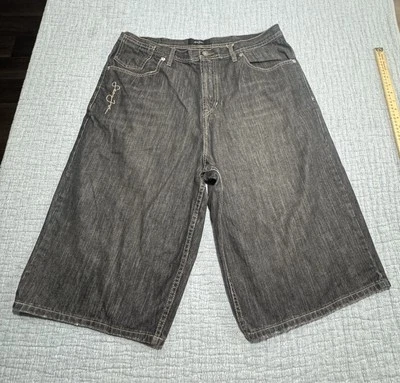 Vintage Y2K Sean John Black Denim Jean Shorts 38 Baggy Wide Leg Grunge Hip Hop Foto 1 de 4