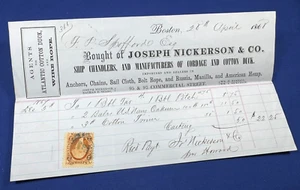 1868 Receipt Joseph Nickerson SHIP CHANDLER, Boston Anchors, Chains, Sail Cloth - Picture 1 of 7