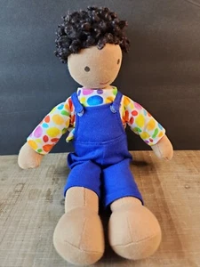 Montessori Lovevery Quinn Doll Dark Curly Hair Blue Overalls Plush Stuffed - Picture 1 of 9