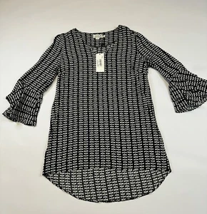 NWT Molly Bracken Tunic Bell Sleeves Blouse Shirt Womens Small Black White NEW - Picture 1 of 7
