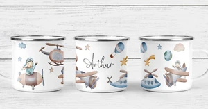 Personalised airplane Print Enamel Mug, coaster set, blue full print design - Picture 1 of 2