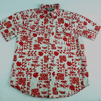 Vintage Old Navy Boys Hawaiian Shirt L 10 12 Red Palm Trees Cotton Chest Pockets - Image 1 of 4