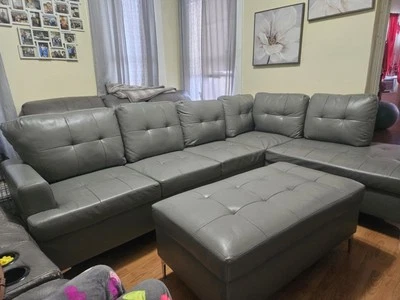 sofá esquinero con tumbona tapizado en piel sintética color gris - Image 1 of 4