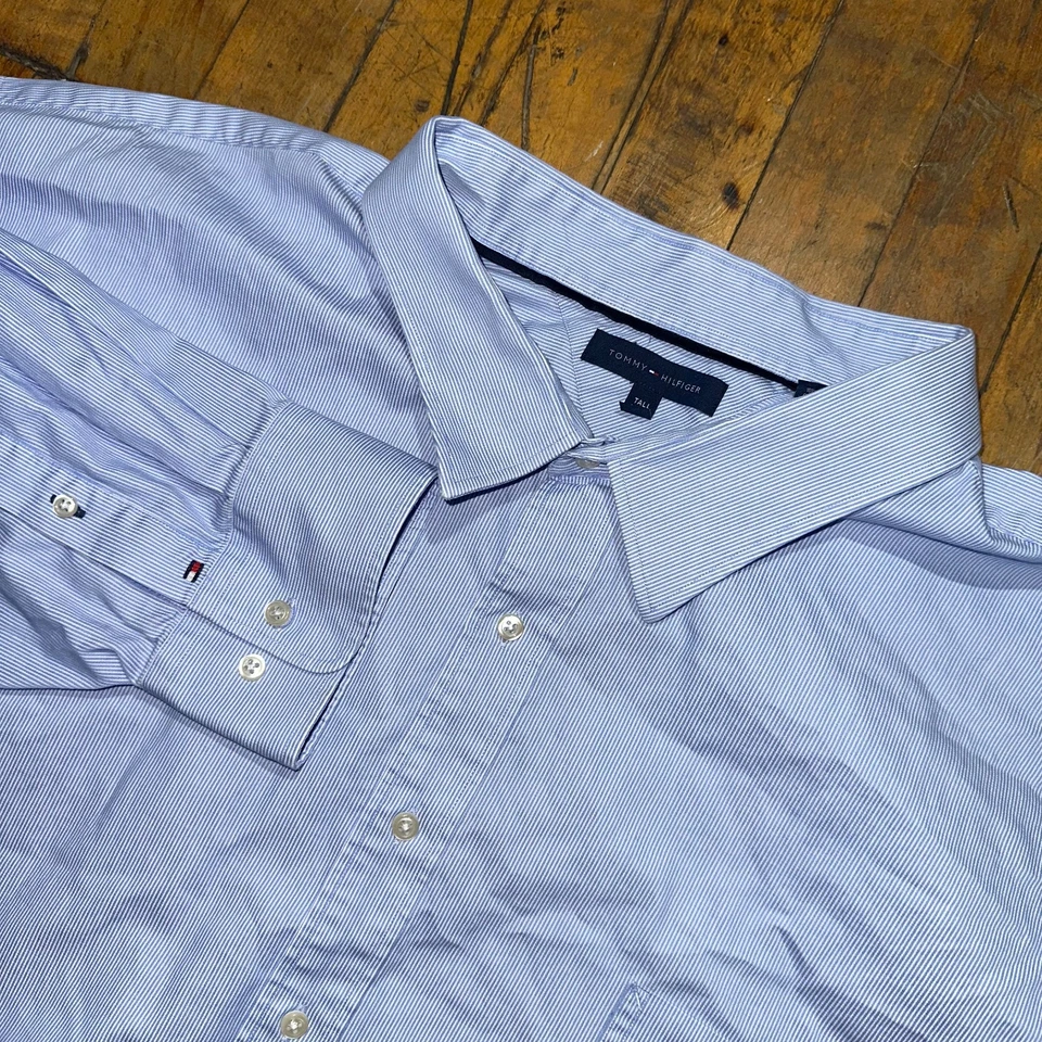 Camisa de vestir Tommy Hilfiger para hombre alta 22 azul a rayas manga larga con botones Foto 1 de 4