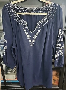 Talbots Womens 2X Navy Gauze Embroidered Tunic - Picture 1 of 6