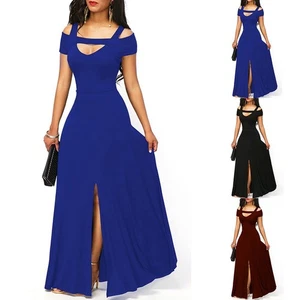 Slight Strech Dress Women Solid Color Long Plus Size Prom Short Sleeve Fashion - Picture 1 of 39