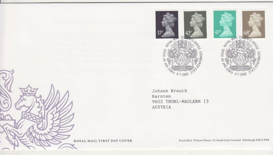 GB Stamps First Day Cover Machin Low Value Definitive 37p - 68p (4) SHS 2002 - Image 1 of 1