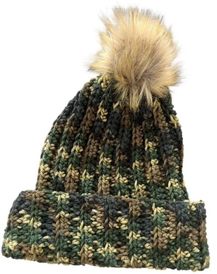 Crochet Ribbed Beanie With Faux Fur Pom Pom - Adult Size! Camouflage - Image 1 of 3