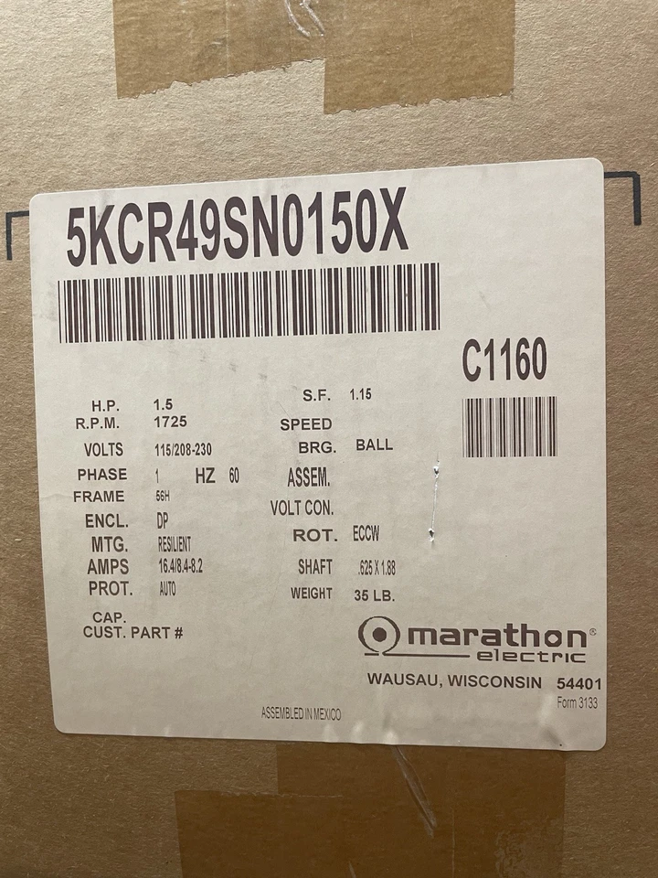 Marathon C1160 Electric Motor 1.5 HP 1725 Rpm 1PH 115/208-230V 56H 5KCR49SN0150X - Image 1 of 1