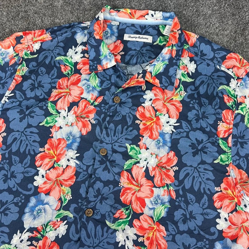 Tommy Bahama Men’s 100% Linen Hawaiian Aloha Shirt Blue Floral Short Sleeve L - Image 1 of 4