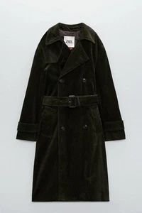 Zara x Charlotte Gainsbourg Cord Khaki Trench Coat XS Fits S 6 8 10 Near New - Picture 1 of 7