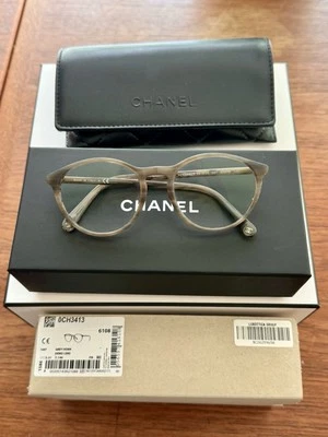 Auténticas monturas de gafas Chanel CH 3413 gris brillante cuerno borde completo redondo - bonitas Foto 1 de 4