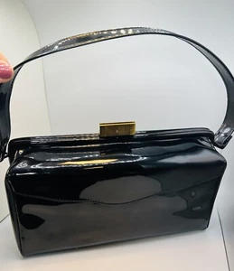 Vtg Black Patent Leather Bag One Handle Handbag Gold Snap Clasp Coin Purse 60s - Picture 1 of 6