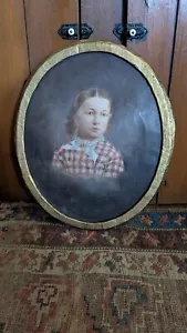 Antique Early Country Oval Folk Art Girl Painted Canvas Portrait 18" Paper Frame - Picture 1 of 8
