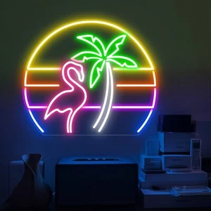 Flamingo Neon Sign Neon Palm Tree Neon Sign (33x28cm) Vaporwave Neon Light Fl... - Picture 1 of 4