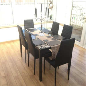 Glossy Black Dining Table 6 Padded Chairs Kitchen Set Tempered Toughened Glass - Picture 1 of 8