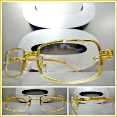 Mens Classy Elegant Retro Style Clear Lens EYE GLASSES Gold & Wood Fashion Frame — 第 1/4 张图片